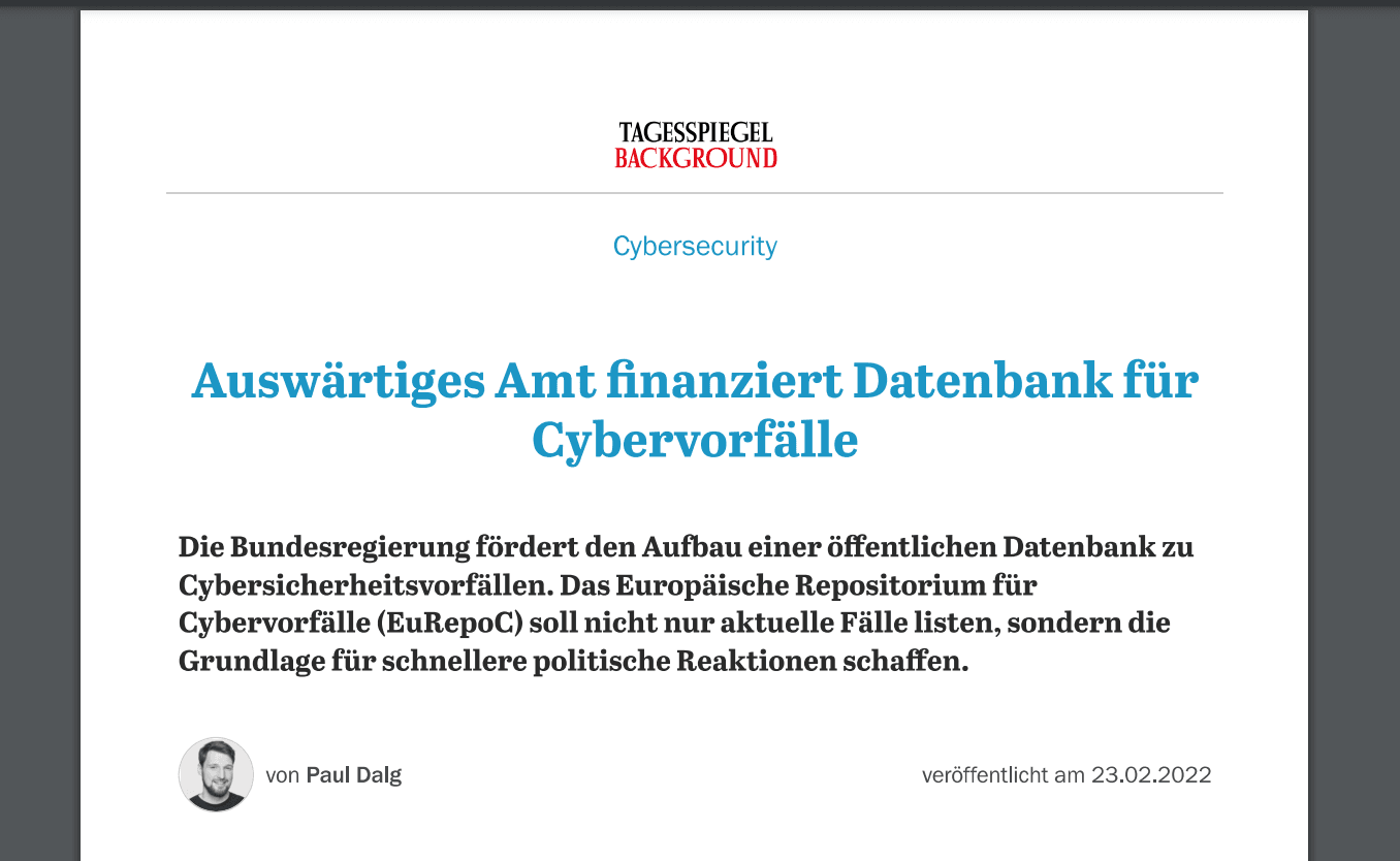 "Auswärtiges Amt finanziert Datenbank für Cybervorfälle", Interview mit Sebastian Harnisch.